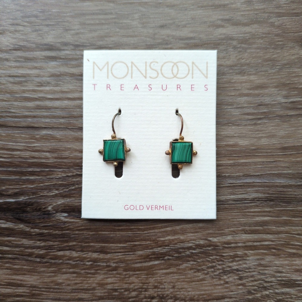 Monsoon Treasures Earrings Green Malachite Gold Vermeil Square Drop Small Light